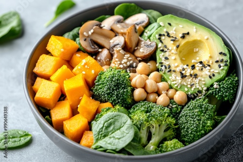 Vibrant vegan bowl with fresh vegetables, chickpeas, and avocado.