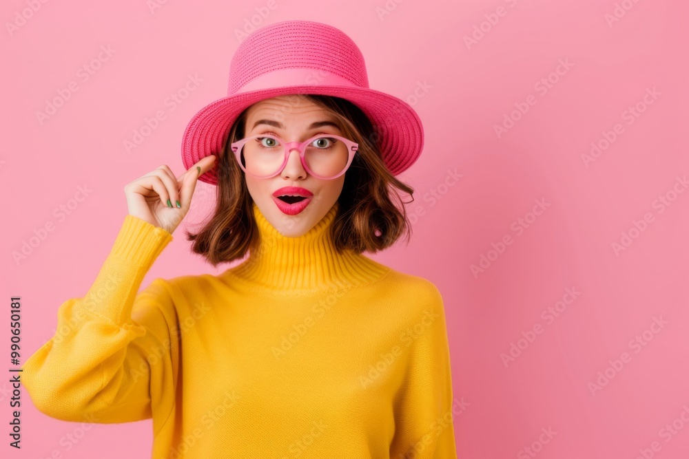 Dressed in a bright yellow sweater and a playful pink hat, a fashionable lady expresses joy as she engages in a delightful shopping adventure amidst a vivid pink backdrop. Dressed in a bright yellow sweater and a playful pink hat, a fashionable lady expresses joy as she engages in a delightful shopping adventure amidst a vivid pink backdrop.