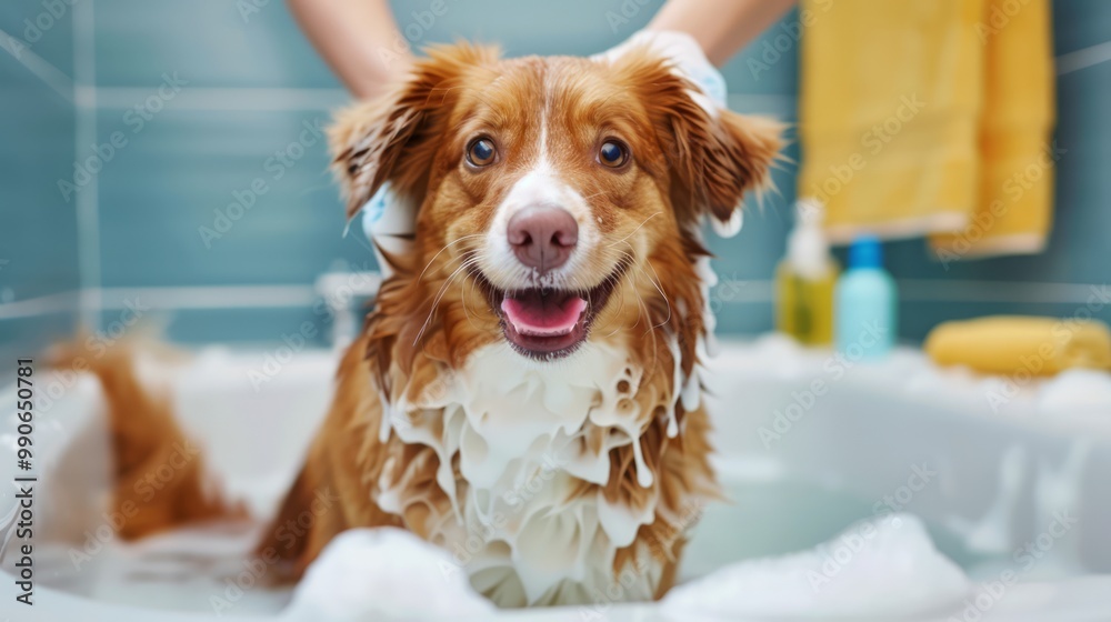 Cheerful Dog Enjoying a Bathing Hygiene Session Cheerful Dog Enjoying a Bathing Hygiene Session