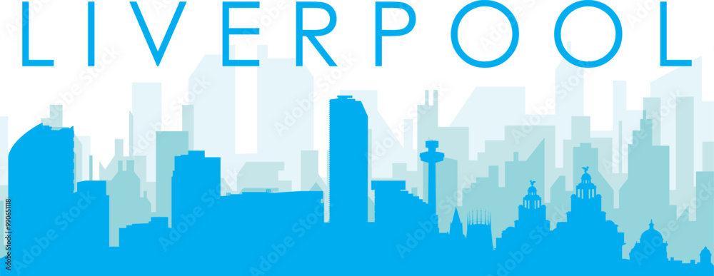 Obraz premium Blue panoramic city skyline poster with bluish misty transparent background buildings of LIVERPOOL, UNITED KINGDOM