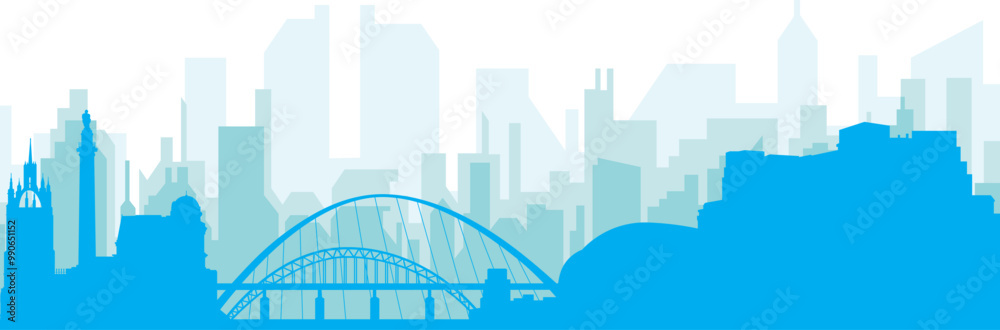 Obraz premium Blue panoramic city skyline poster with bluish misty transparent background buildings of NEWCASTLE, UNITED KINGDOM