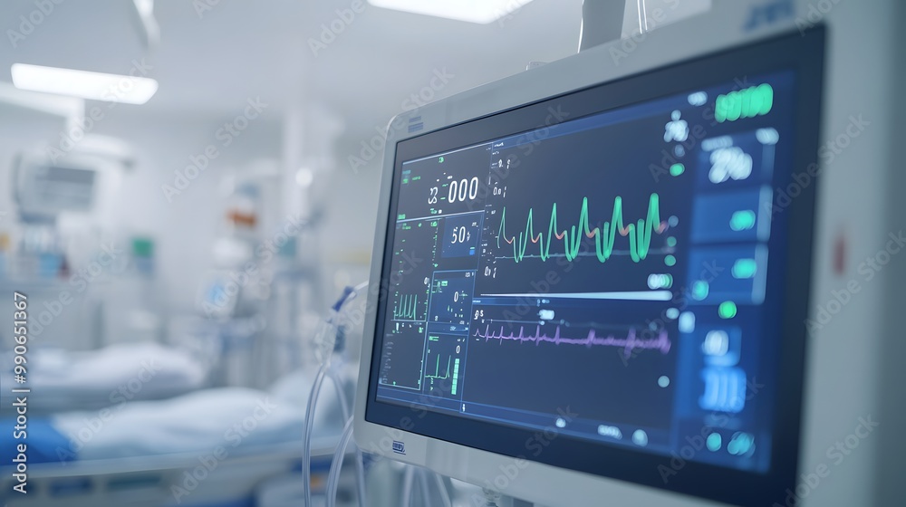 Medical Monitor Displaying Vital Signs in a Hospital Room