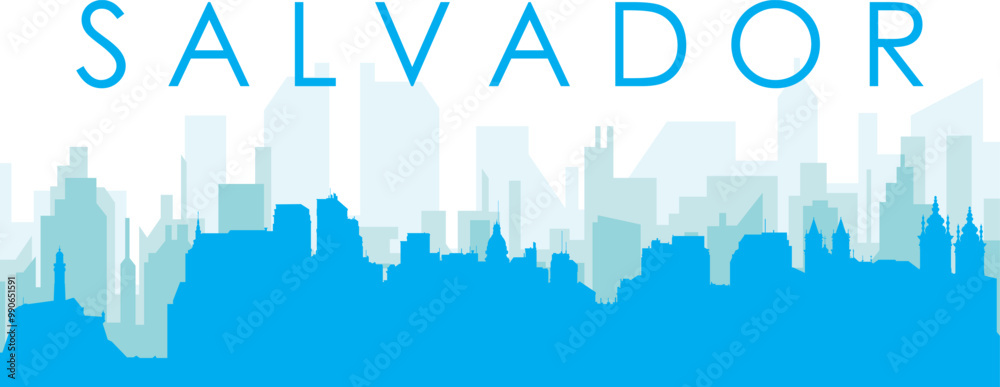 Obraz premium Blue panoramic city skyline poster with bluish misty transparent background buildings of SALVADOR, BRAZIL