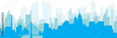 Blue panoramic city skyline poster with bluish misty transparent background buildings of SAO PAULO, BRAZIL