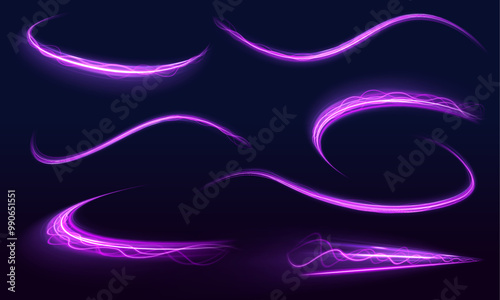 Set of neon lines blurred in motion on a race track. Acceleration speed motion on night road. High speed effect motion blur night lights blue and red. 