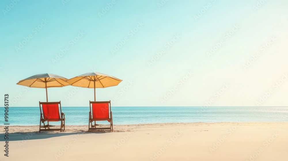 Deck chair and beach umbrellas on an empty sunlit beach with sand stretching into the horizon clear sky evoking a peaceful summer scene