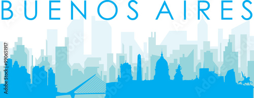 Blue panoramic city skyline poster with bluish misty transparent background buildings of BUENOS AIRES, ARGENTINA