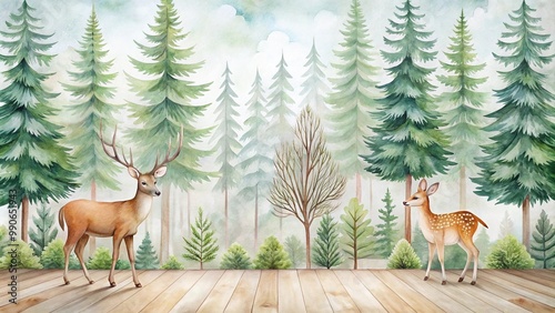 Watercolor woodland nursery with deer, fox, pine trees, mid century modern vibe photo