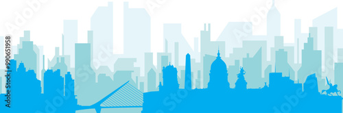 Blue panoramic city skyline poster with bluish misty transparent background buildings of BUENOS AIRES, ARGENTINA
