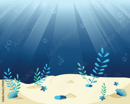 Beautiful and calm illustration with an underwater world with sunlight filtering through water, sandy seabed, aquatic plants, and seashells. Vector illustration in flat cartoon style