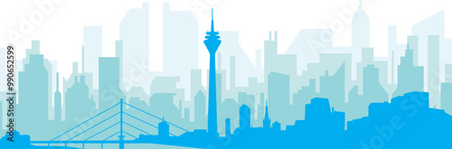 Blue panoramic city skyline poster with bluish misty transparent background buildings of DUSSELDORF, GERMANY