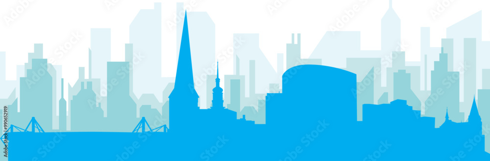 Fototapeta premium Blue panoramic city skyline poster with bluish misty transparent background buildings of DORTMUND, GERMANY