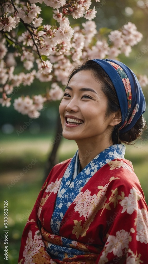 Young Asian woman with short dark hair wearing red and blue floral kimono, smiling in front of blossoming cherry tree Young Asian woman with short dark hair wearing red and blue floral kimono, smiling in front of blossoming cherry tree