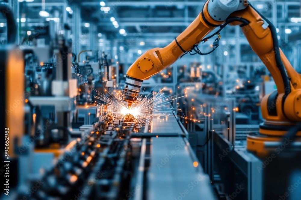 Photo of robot machine producing car frame with welding working professionally and. small particles come out during production process Photo of robot machine producing car frame with welding working professionally and. small particles come out during production process