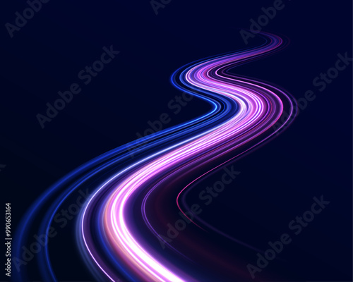 Lines in the shape of a comet against a dark background. Vortex streams of neon light. Glitter sparkle star trail, light effect, abstract waves flow vector illustration. 
