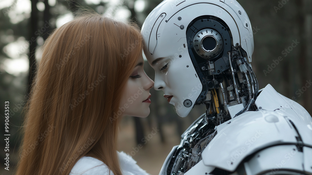 A half-man, half-robot embraces a robotic girl in a futuristic setting, sharing a moment of affection and connection A half-man, half-robot embraces a robotic girl in a futuristic setting, sharing a moment of affection and connection