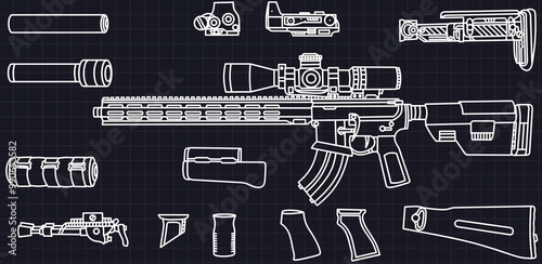 Automatic rifle with accessories scope, silencer, buttstock. Illustration of military automatic rifle for poster print, computer mat or website. Painted AR-15 assault rifle in service with the US Army photo