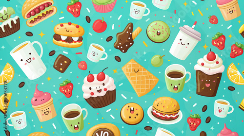 Cute food patterns on turquoise background, vector illustration with cute patterns of various snacks such as cakes, pastries and coffee cups scattered on the surface