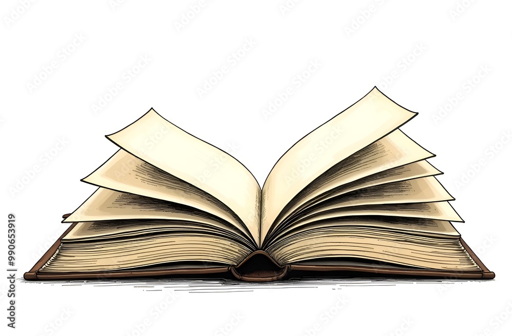 An open book with numerous pages fanned out, showcasing yellowed paper and a vintage appearance, a transparent background, AI art An open book with numerous pages fanned out, showcasing yellowed paper and a vintage appearance, a transparent background, AI art