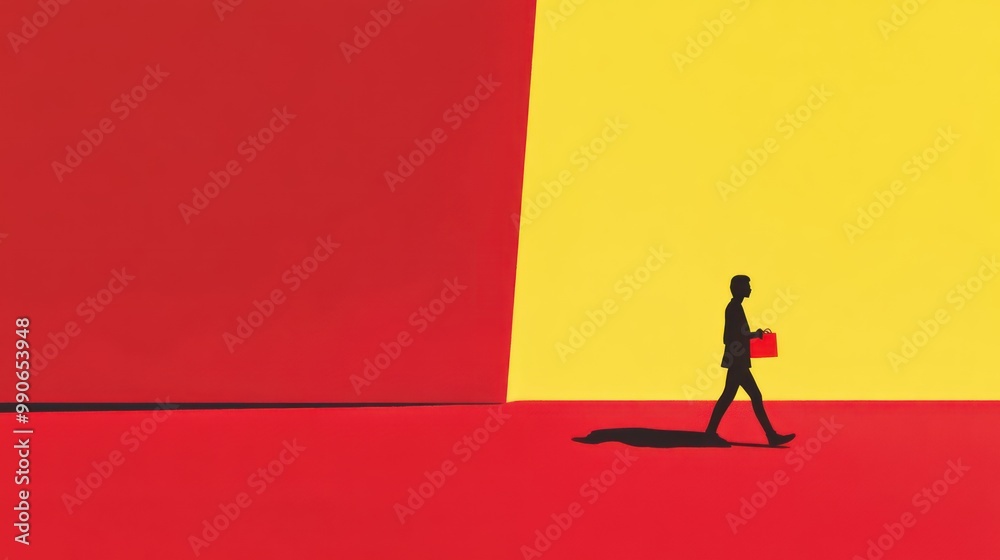 A silhouette of a businessman walking with a briefcase against a vibrant background.