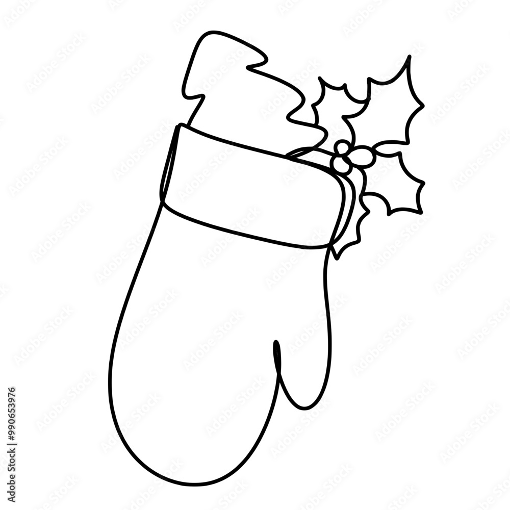 Christmas glove with christmas tree and holly berry one line art drawing Christmas glove with christmas tree and holly berry one line art drawing