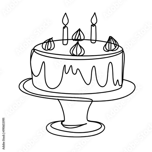 Birthday cake on stand one line art drawing 