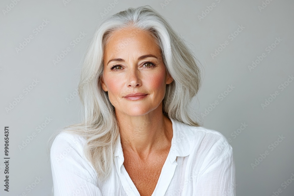 Mature woman with long silver hair in a white shirt, exuding calm confidence. Mature woman with long silver hair in a white shirt, exuding calm confidence.