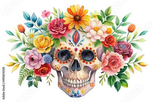 Watercolor skull illustration with floral elements