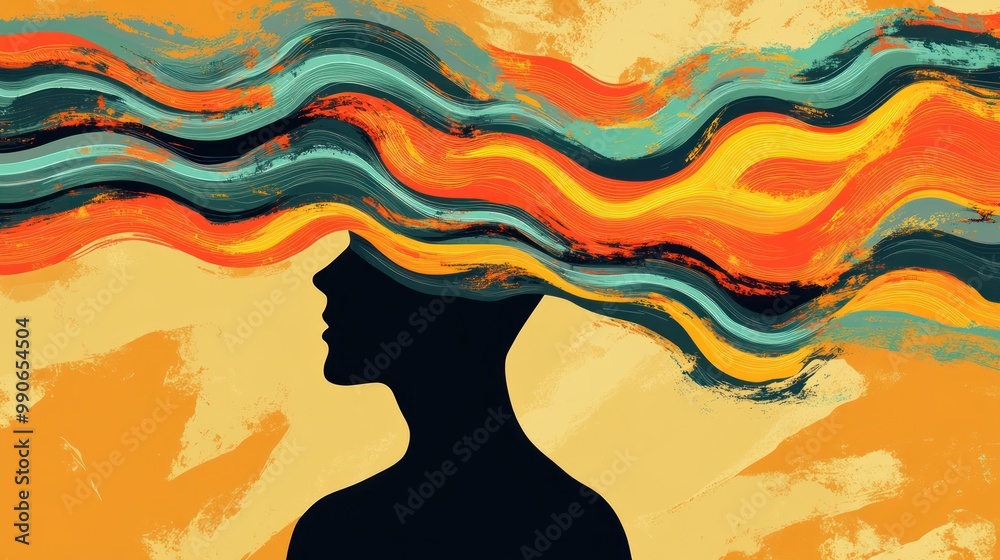 A silhouette of a head with colorful waves representing thoughts and creativity. A silhouette of a head with colorful waves representing thoughts and creativity.