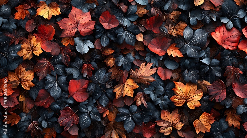 Fototapeta premium A hyper-detailed view of a forest floor covered with leaves, each one meticulously rendered with veins and color variations, forming a dense background.