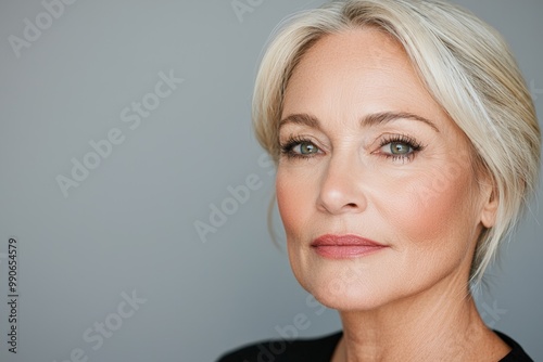 Mature woman with long silver hair in a white shirt, exuding calm confidence.