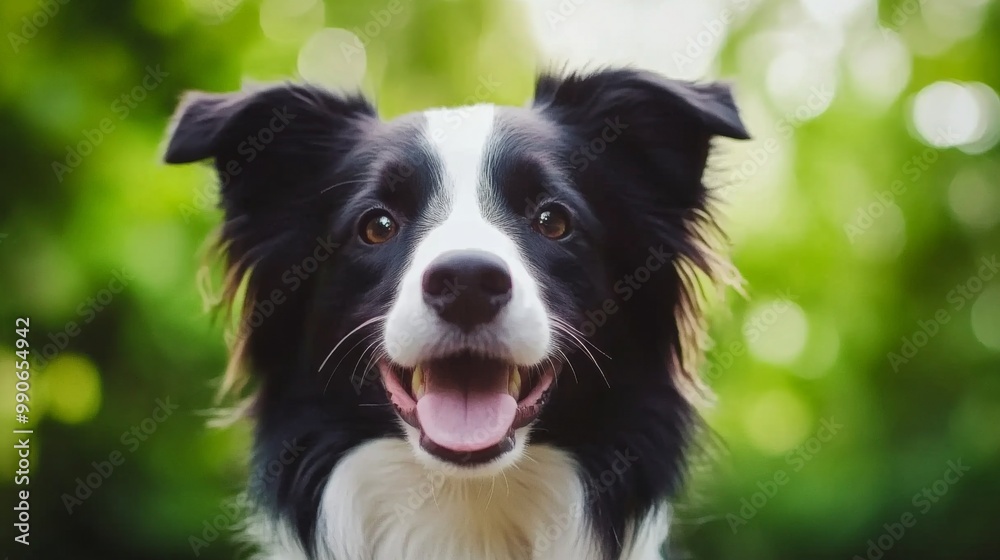 With a charming smile, this Border Collie showcases its striking black and white coat, radiating happiness against the vibrant backdrop of a blurred green forest. With a charming smile, this Border Collie showcases its striking black and white coat, radiating happiness against the vibrant backdrop of a blurred green forest.