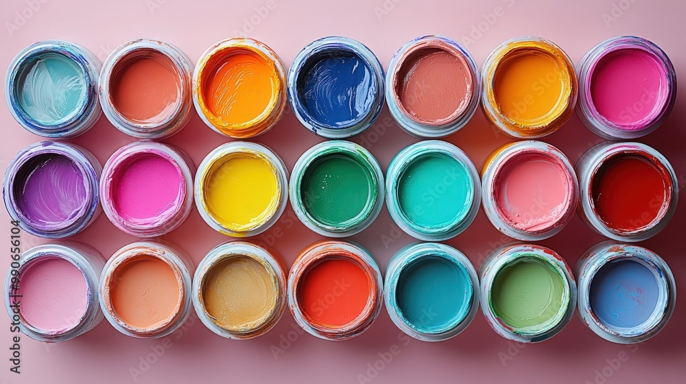 A collection of open paint cans showcases an array of vibrant colors on a smooth surface A collection of open paint cans showcases an array of vibrant colors on a smooth surface
