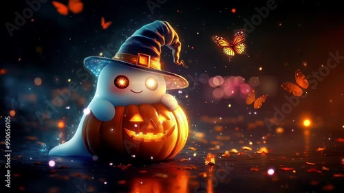cute hat holding a halloween pumpkin. Virtual 4K video animation background with looping time lapse with very smooth graphics.