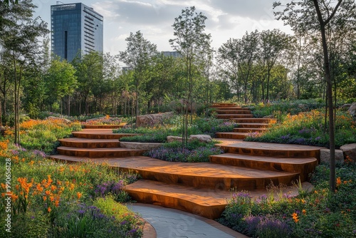  A modern ramp in the city park with tactile pavement for visually impaired people. Generative AI