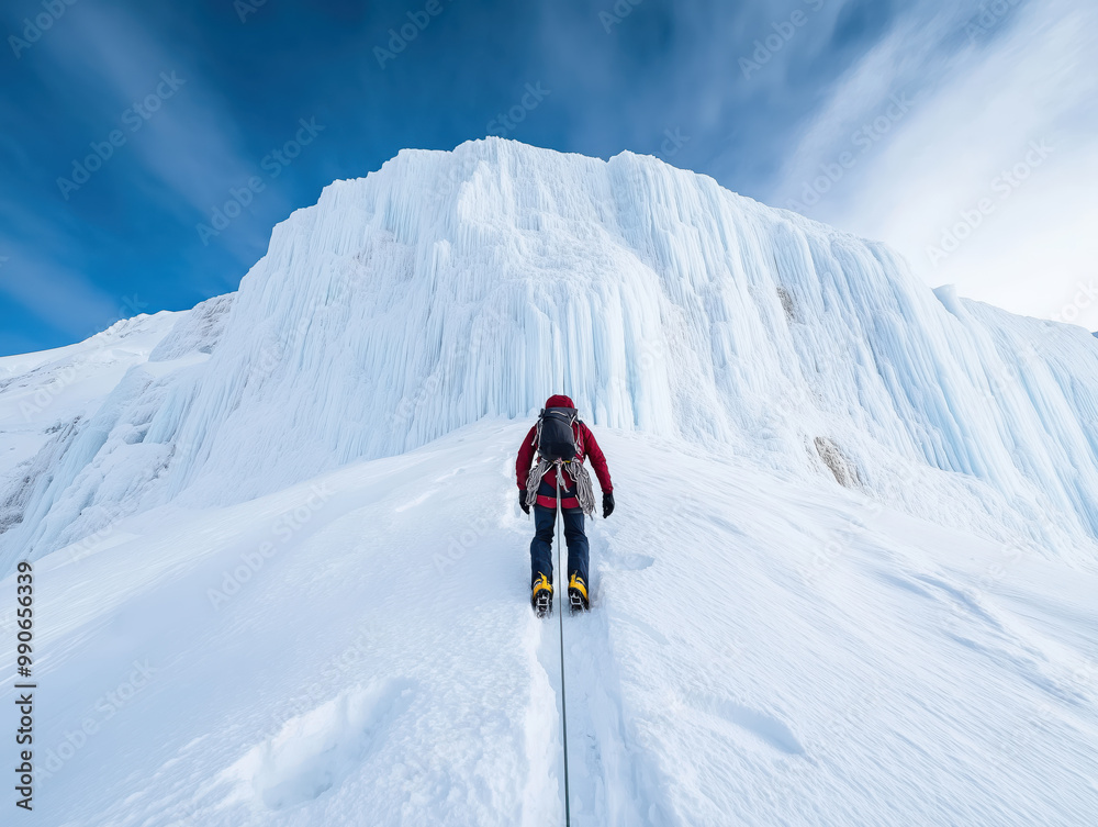 Mountaineer climbing a snowy ice wall under a clear blue sky on a challenging expedition Mountaineer climbing a snowy ice wall under a clear blue sky on a challenging expedition