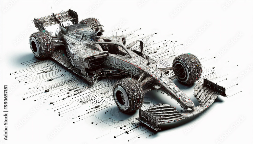 Obraz premium High-tech Formula 1 car integrated with circuit patterns, representing the fusion of technology and automotive engineering