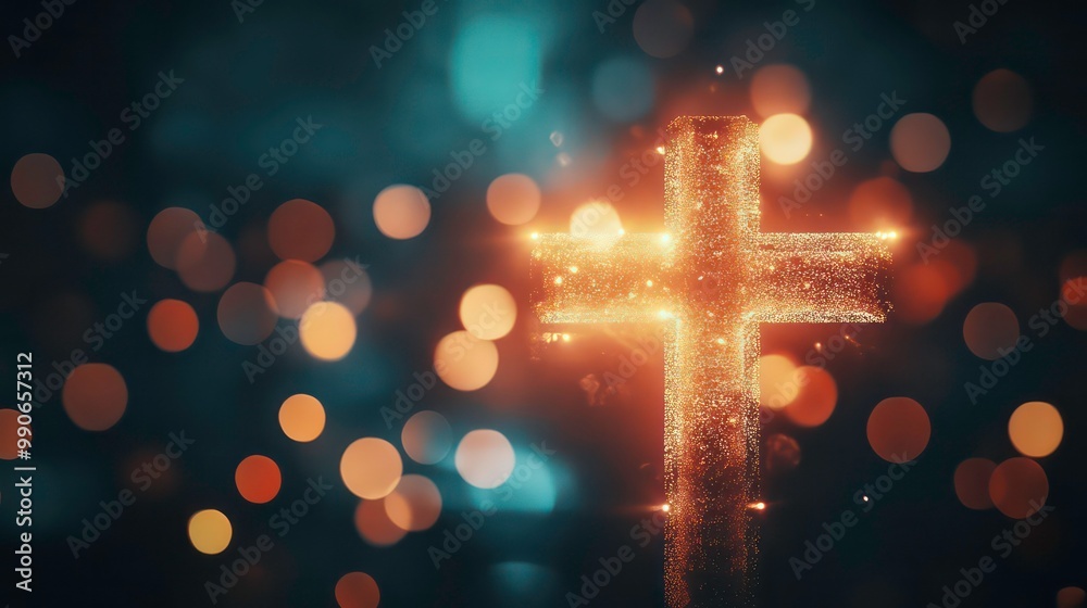 A glowing golden cross in a dark background with out-of-focus lights. A glowing golden cross in a dark background with out-of-focus lights.