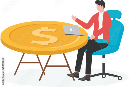 Earn money online. Man working online with a computer and coins vector illustration. Freelancer making money from home, earn in internet, success, remote work. Earning, spending and save money concept