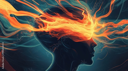 A silhouette of a person with fiery energy emanating from their head, symbolizing creativity.