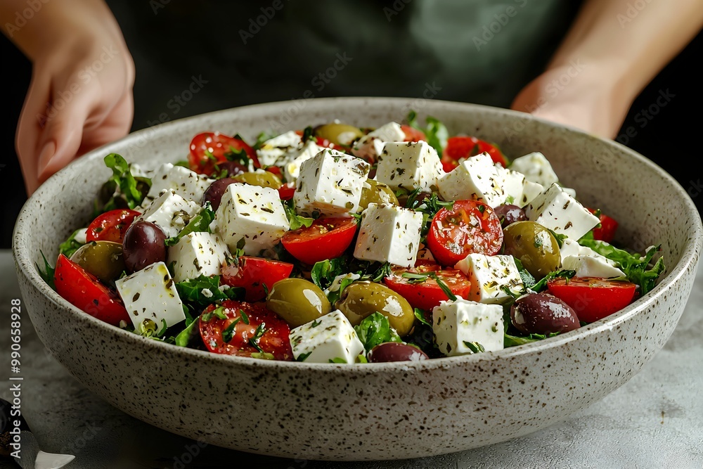 Fresh Mediterranean salad with feta cheese and olives on display Fresh Mediterranean salad with feta cheese and olives on display
