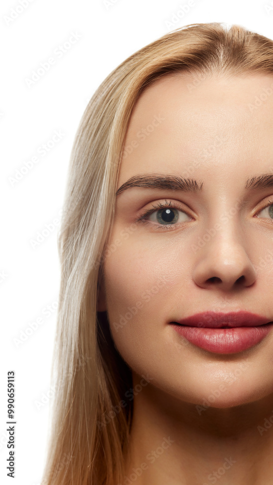 Close-up portrait of young beautiful woman with perfect smooth skin and blonde hair, isolated on white studio background. Concept of natural female beauty, skin care, cosmetics and cosmetology Close-up portrait of young beautiful woman with perfect smooth skin and blonde hair, isolated on white studio background. Concept of natural female beauty, skin care, cosmetics and cosmetology