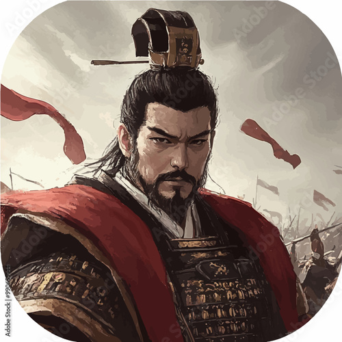 Chinese heroic warrior in battle gear with flowing robes, ready for an epic fight. Suitable for action-packed illustrations and historical themes.