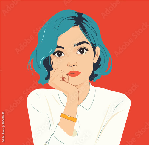 Elegant vector of a woman with blue hair, bold colors, and striking facial features. Great for fashion and editorial illustrations.