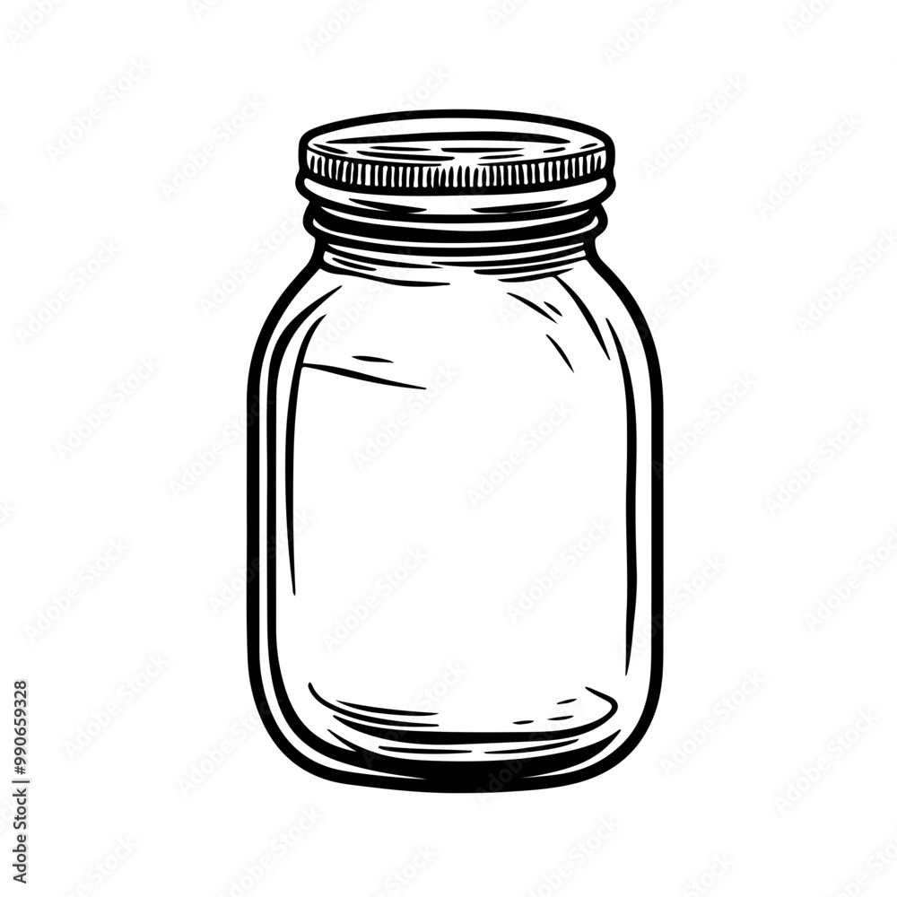 Black line drawing of a screw-top jar with detailed lines, ideal for packaging design and minimal branding projects. Black line drawing of a screw-top jar with detailed lines, ideal for packaging design and minimal branding projects.
