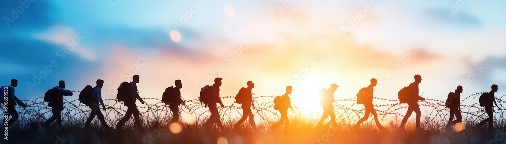 Silhouetted group walking at sunset Silhouetted group walking at sunset