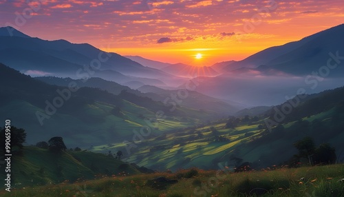 Serene Sunrise Casting Golden Hues Over a Majestic Mountain Valley