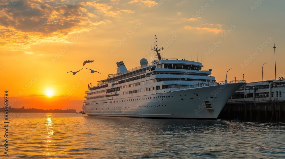 A large cruise ship docked at a pier with a beautiful sunset in the background. A large cruise ship docked at a pier with a beautiful sunset in the background.