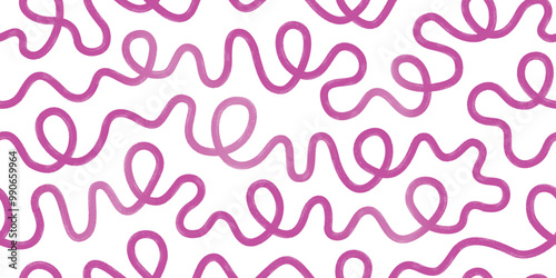 Hand drawn bold curved pink squiggle lines, loops seamless pattern. Cute vector background with thick doodle smears