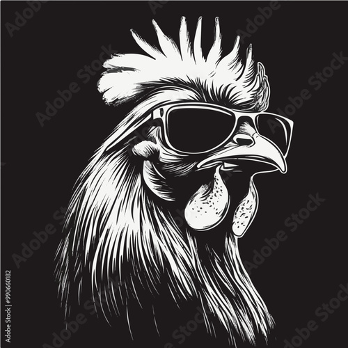 Vector illustration of a rooster wearing sunglasses in a bold black and white stencil style, perfect for edgy designs and branding.